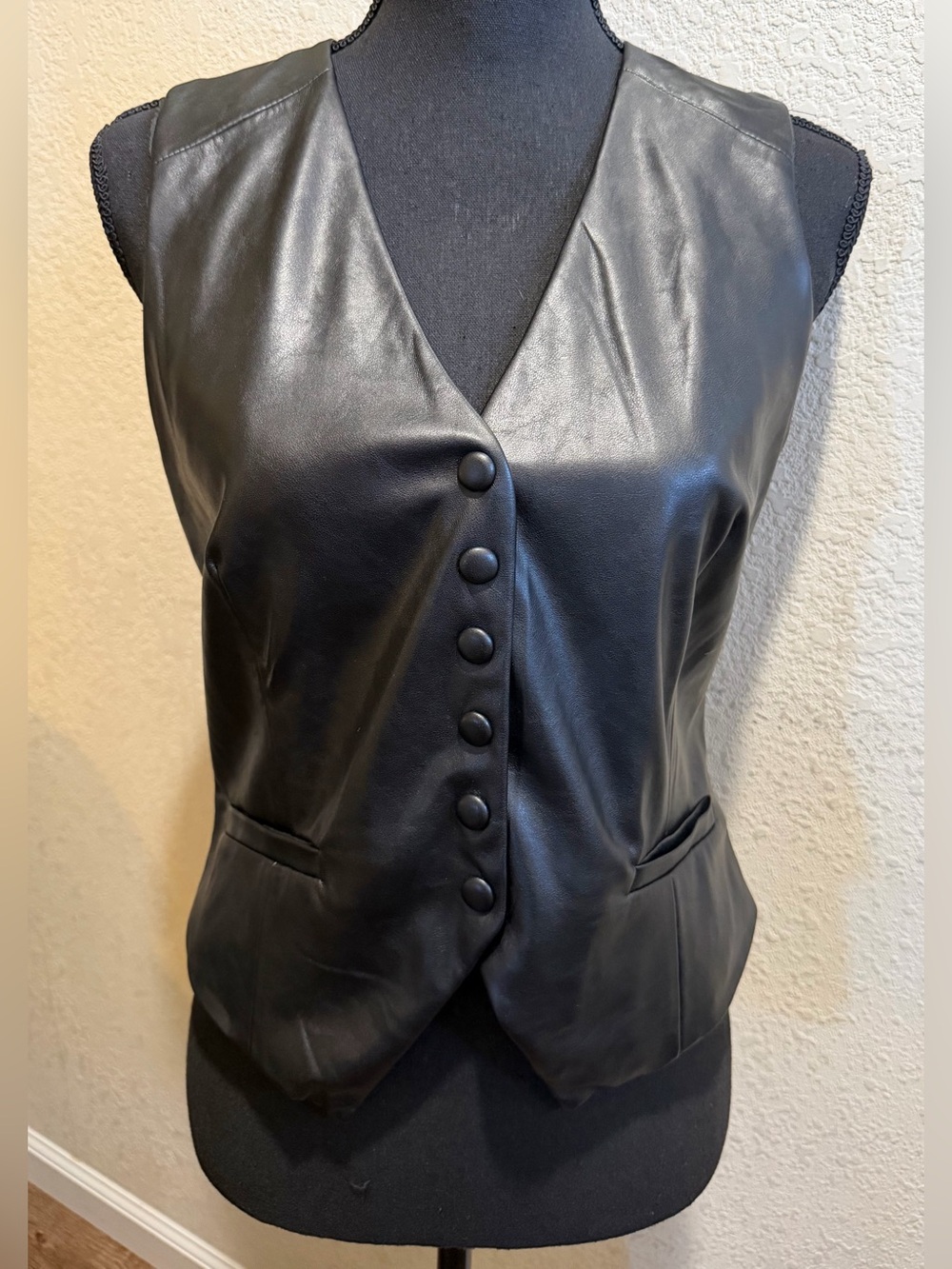 Classic Black Faux Leather Button Vest